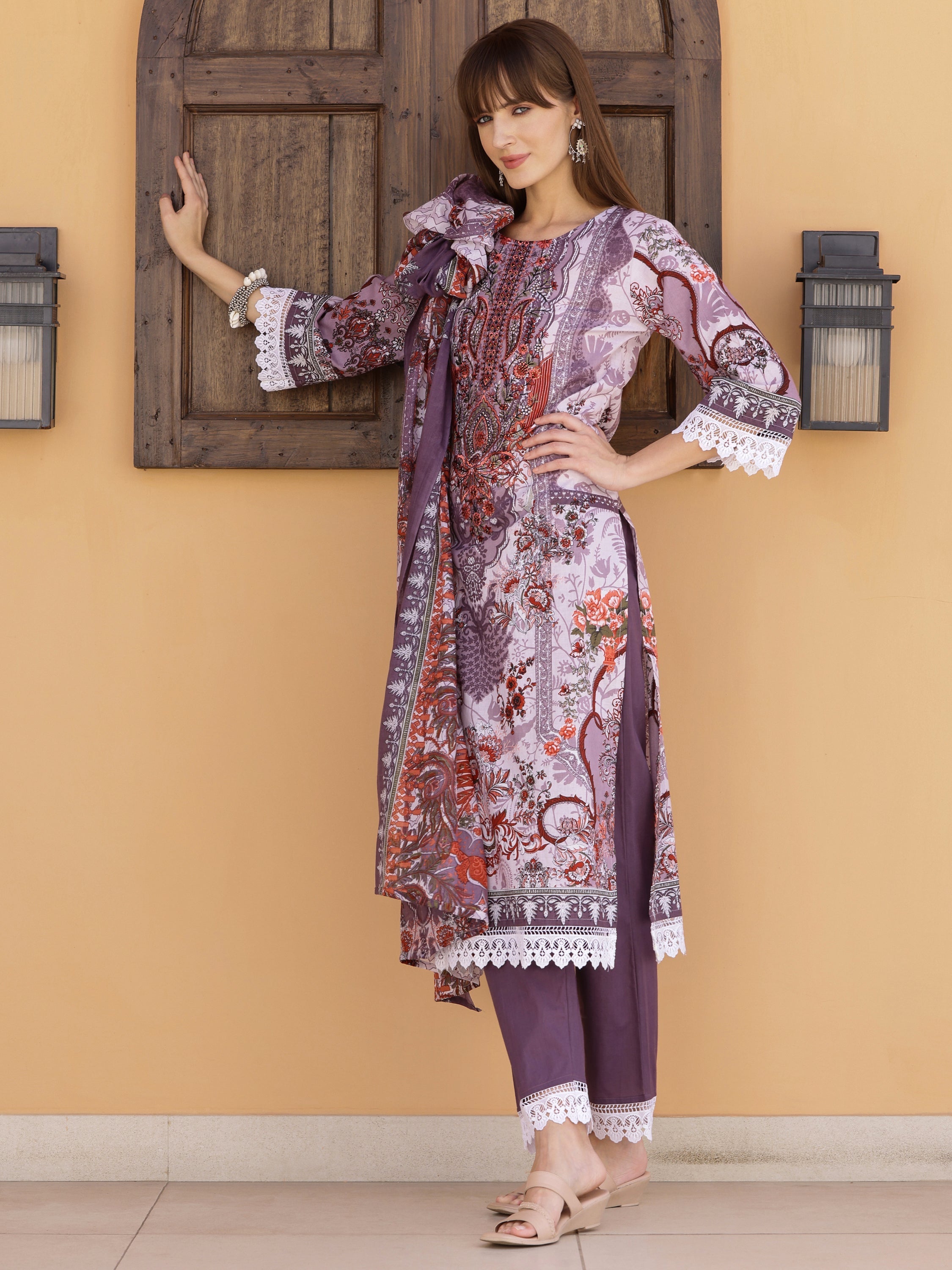 Pakistani Embroidered & Printed Kurta With Pant & Dupatta, Lavender - Hiral Fashion - Distacart