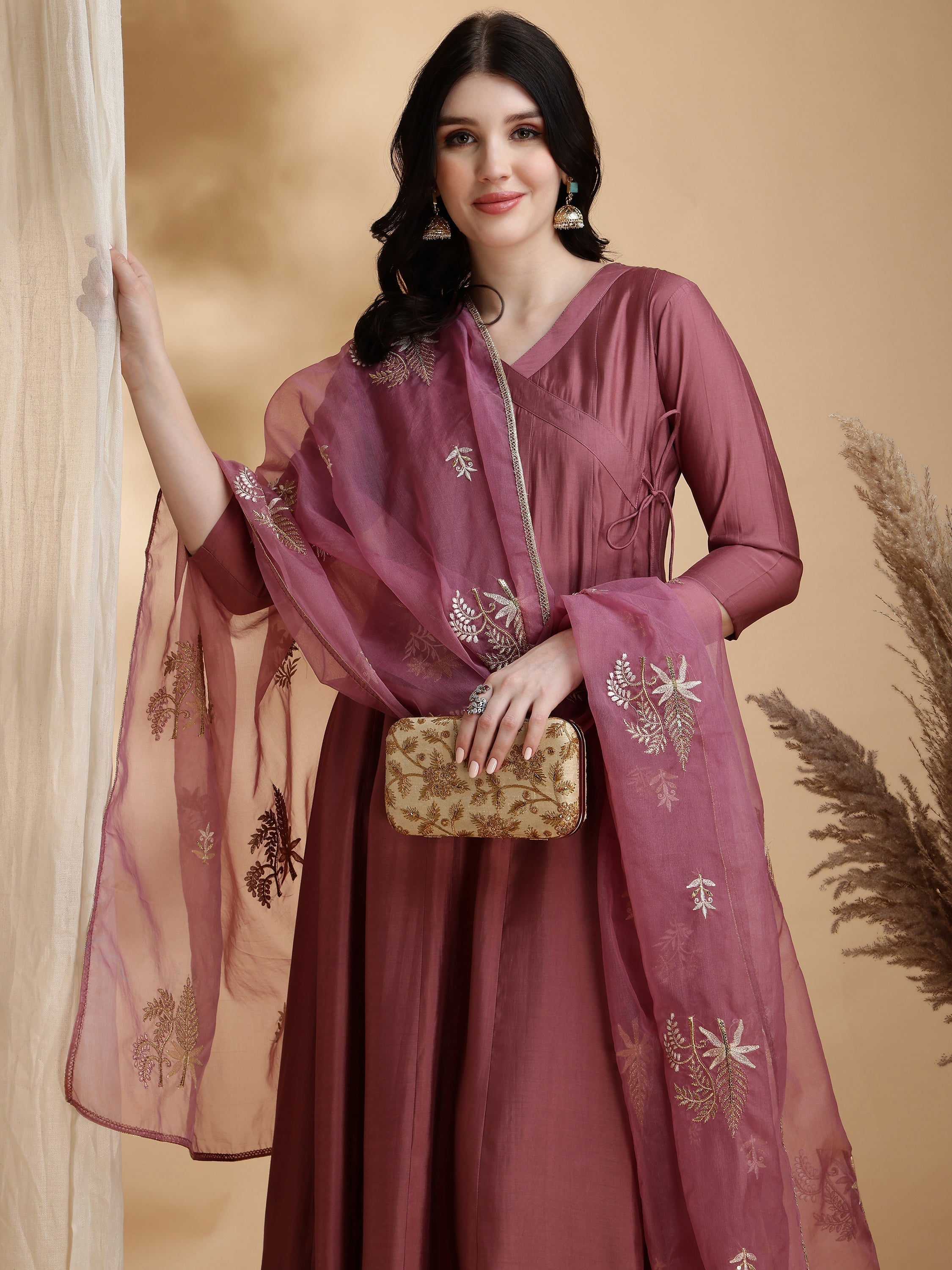 Angarkha Style Kurta With Pant & Embroidered Organza Dupatta, Mauve - Hiral Fashion - Distacart