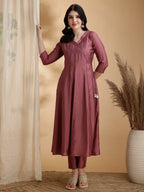 Angarkha Style Kurta With Pant & Embroidered Organza Dupatta, Mauve - Hiral Fashion - Distacart