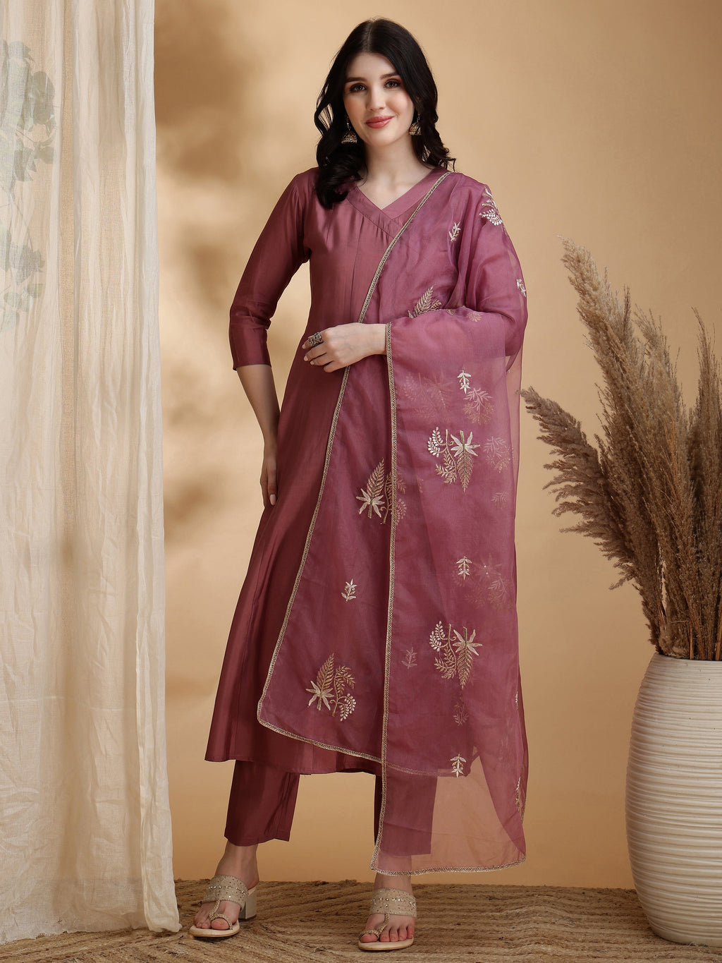 Angarkha Style Kurta With Pant & Embroidered Organza Dupatta, Mauve - Hiral Fashion - Distacart