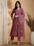 Angarkha Style Kurta With Pant & Embroidered Organza Dupatta, Mauve - Hiral Fashion - Distacart