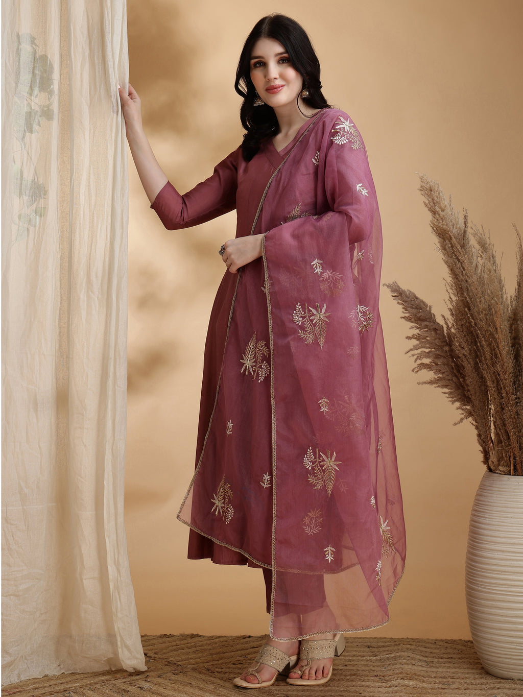 Angarkha Style Kurta With Pant & Embroidered Organza Dupatta, Mauve - Hiral Fashion - Distacart