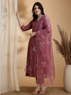 Angarkha Style Kurta With Pant & Embroidered Organza Dupatta, Mauve - Hiral Fashion - Distacart