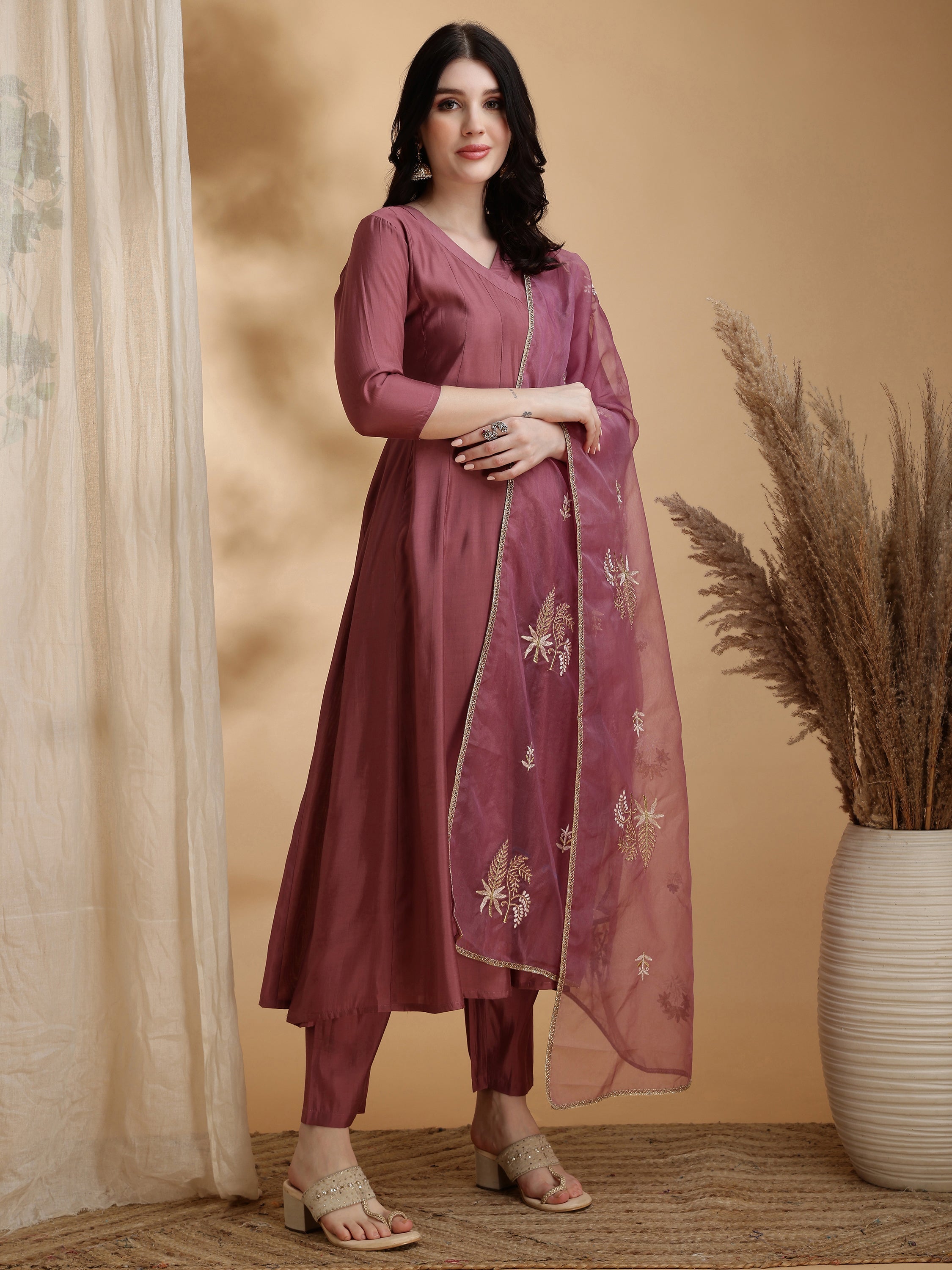 Angarkha Style Kurta With Pant & Embroidered Organza Dupatta, Mauve - Hiral Fashion - Distacart