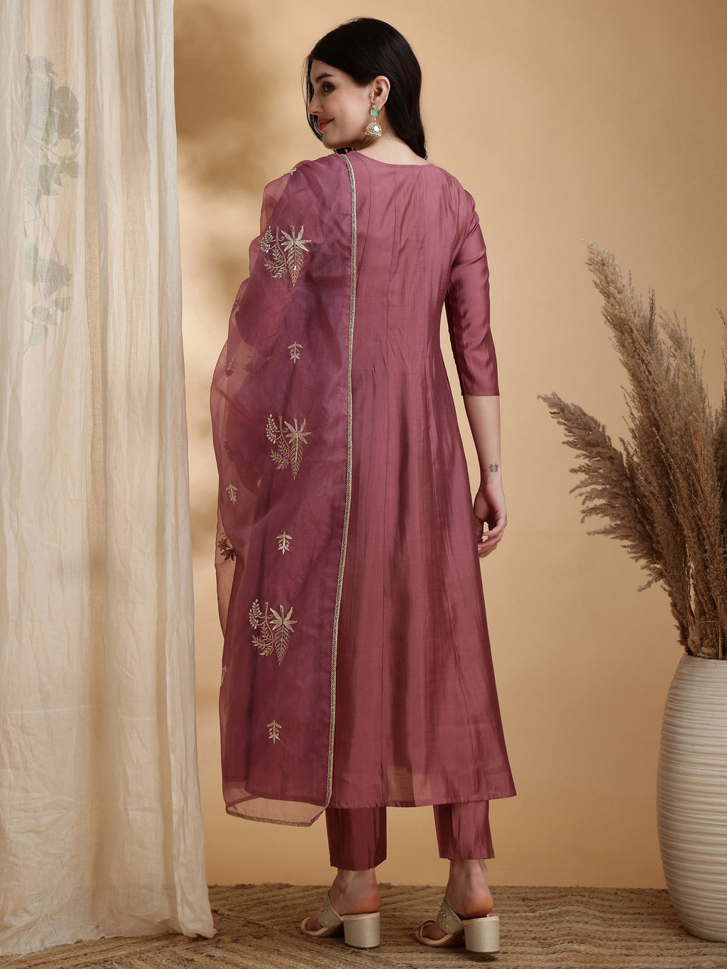 Angarkha Style Kurta With Pant & Embroidered Organza Dupatta, Mauve - Hiral Fashion - Distacart