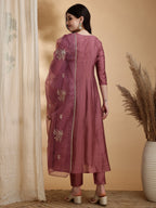 Angarkha Style Kurta With Pant & Embroidered Organza Dupatta, Mauve - Hiral Fashion - Distacart