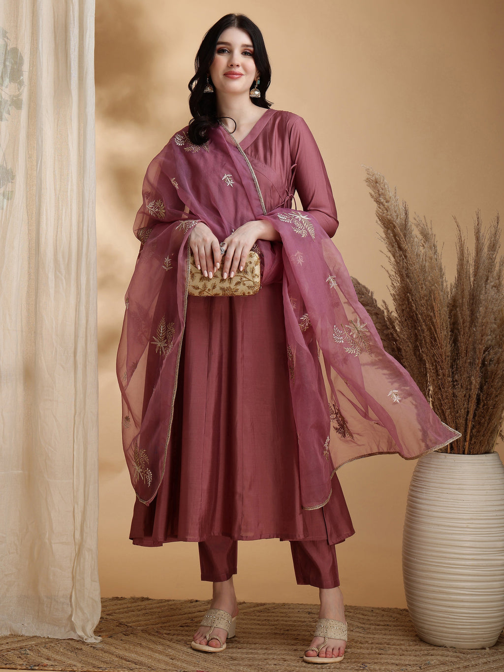 Angarkha Style Kurta With Pant & Embroidered Organza Dupatta, Mauve - Hiral Fashion - Distacart
