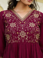 Emboidered Flared Kurta With Pant & Embroidered Dupatta, Maroon - Hiral Fashion - Distacart