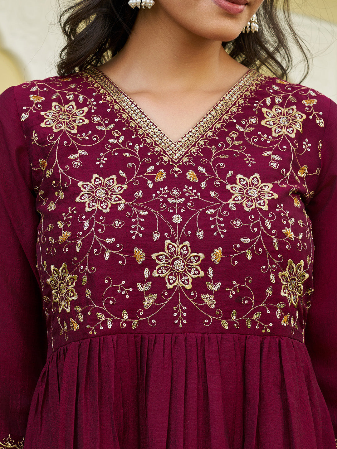 Emboidered Flared Kurta With Pant & Embroidered Dupatta, Maroon - Hiral Fashion - Distacart