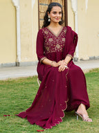 Emboidered Flared Kurta With Pant & Embroidered Dupatta, Maroon - Hiral Fashion - Distacart