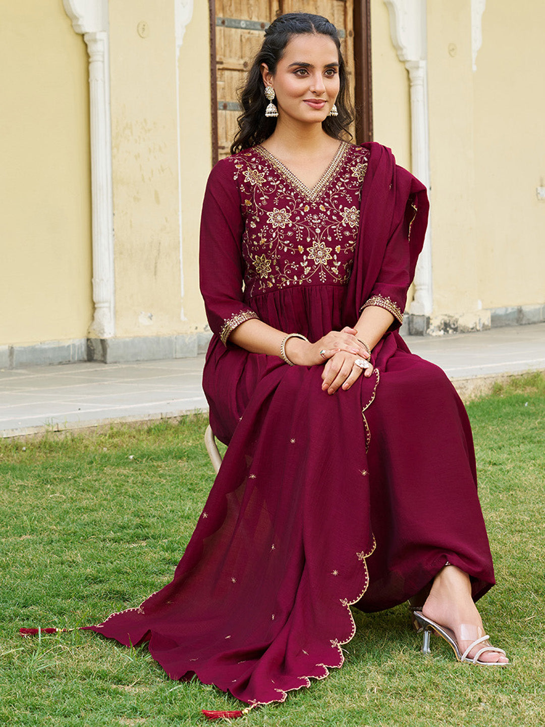 Emboidered Flared Kurta With Pant & Embroidered Dupatta, Maroon - Hiral Fashion - Distacart
