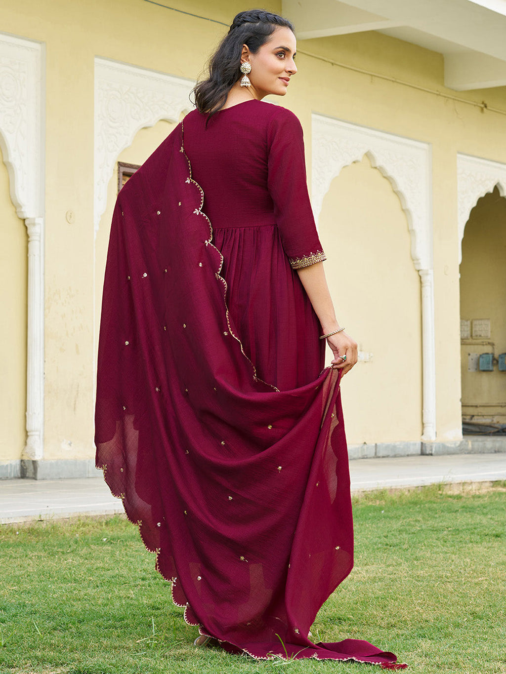 Emboidered Flared Kurta With Pant & Embroidered Dupatta, Maroon - Hiral Fashion - Distacart