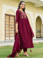 Emboidered Flared Kurta With Pant & Embroidered Dupatta, Maroon - Hiral Fashion - Distacart