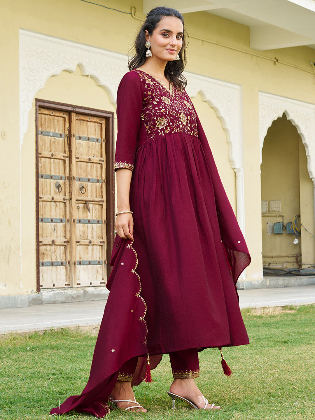 Emboidered Flared Kurta With Pant & Embroidered Dupatta, Maroon - Hiral Fashion - Distacart