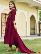Emboidered Flared Kurta With Pant & Embroidered Dupatta, Maroon - Hiral Fashion - Distacart