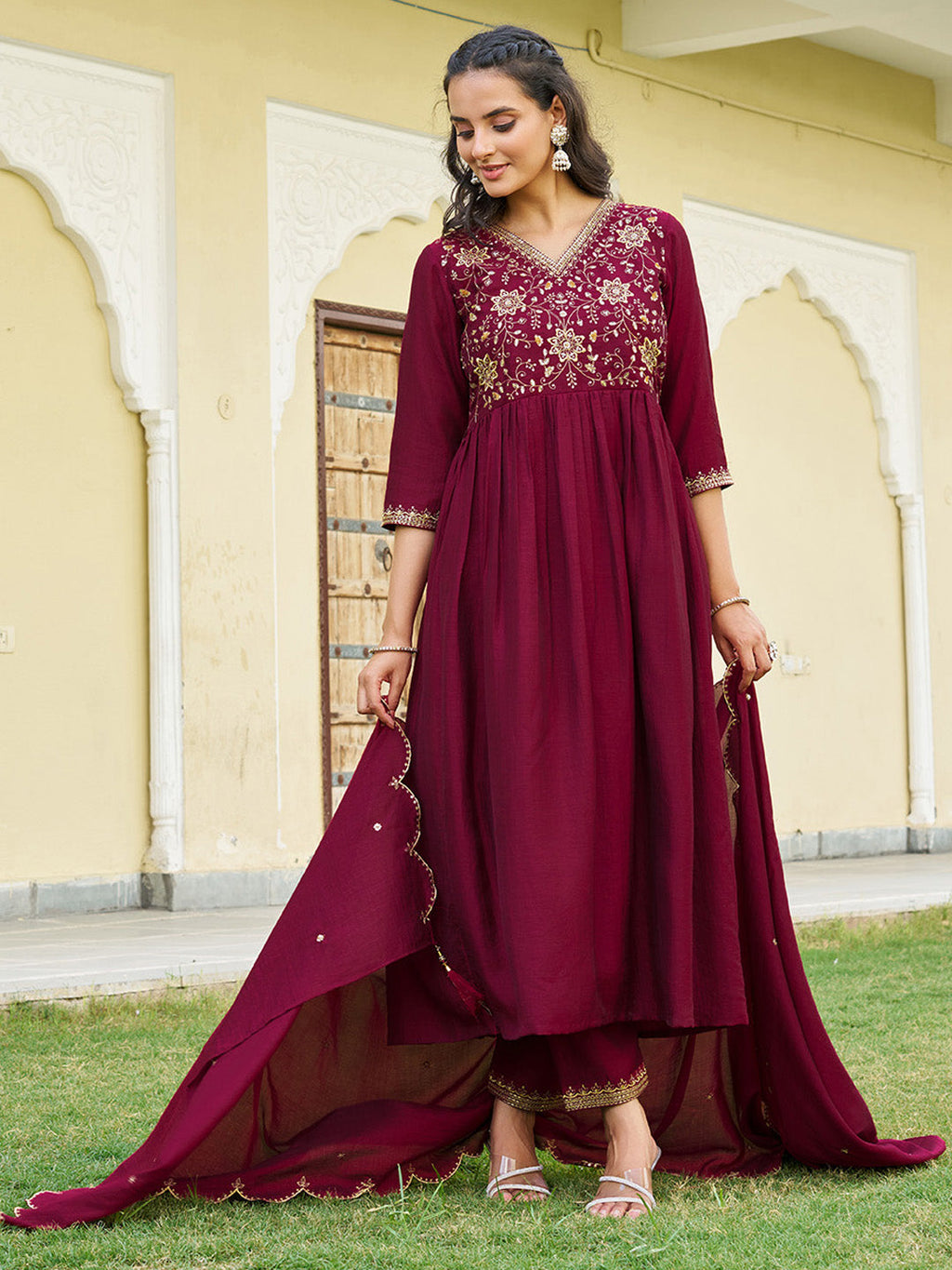 Emboidered Flared Kurta With Pant & Embroidered Dupatta, Maroon - Hiral Fashion - Distacart