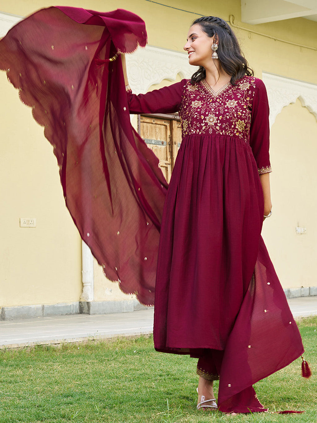 Emboidered Flared Kurta With Pant & Embroidered Dupatta, Maroon - Hiral Fashion - Distacart