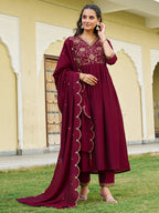 Emboidered Flared Kurta With Pant & Embroidered Dupatta, Maroon - Hiral Fashion - Distacart