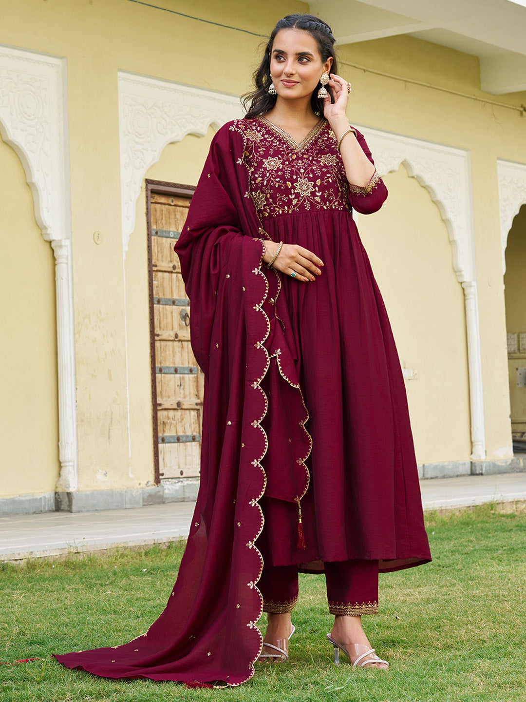 Emboidered Flared Kurta With Pant & Embroidered Dupatta, Maroon - Hiral Fashion - Distacart