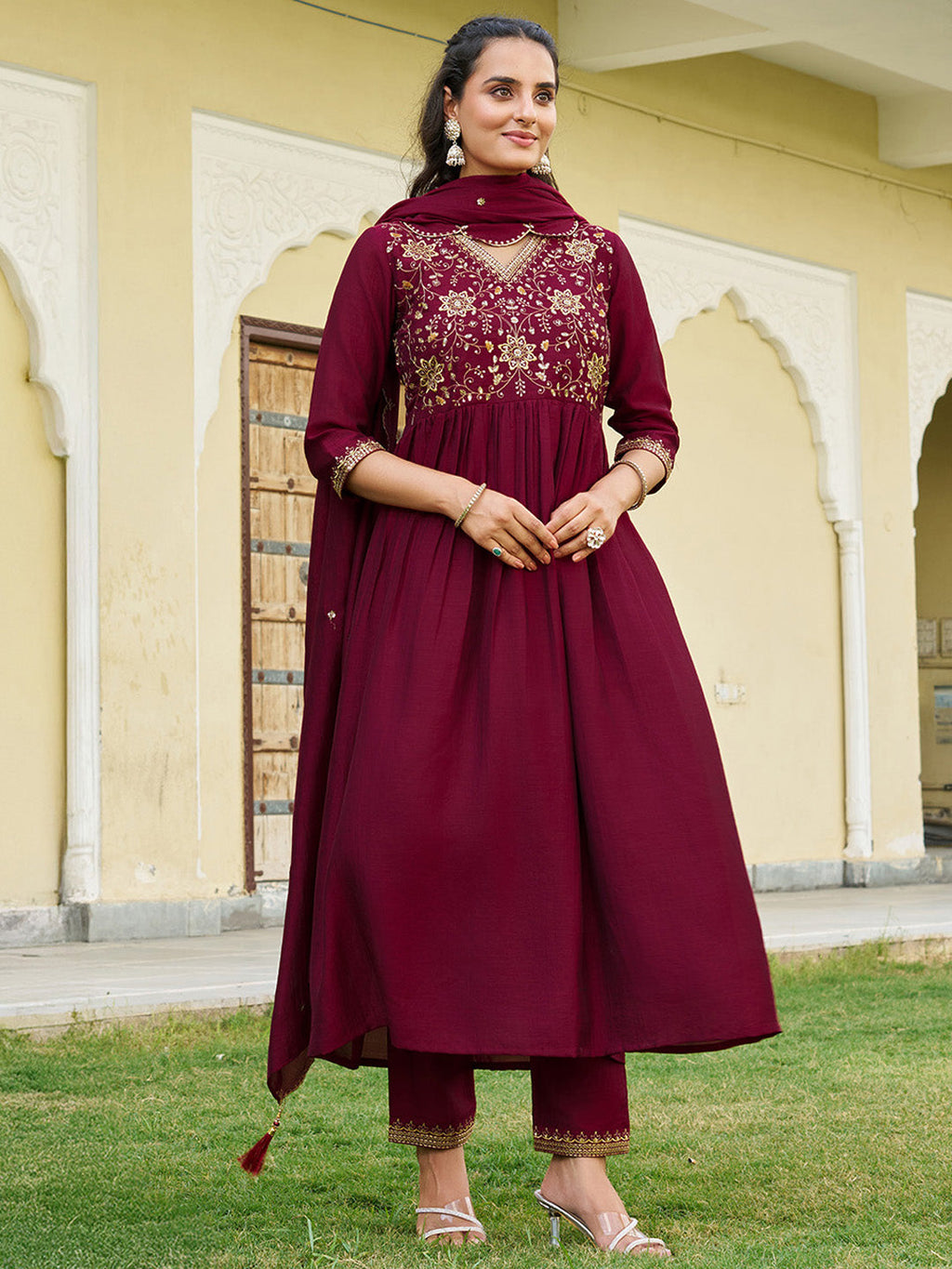 Emboidered Flared Kurta With Pant & Embroidered Dupatta, Maroon - Hiral Fashion - Distacart