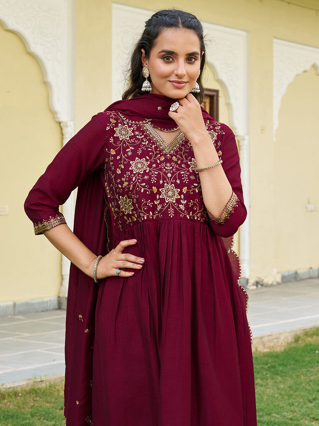 Emboidered Flared Kurta With Pant & Embroidered Dupatta, Maroon - Hiral Fashion - Distacart