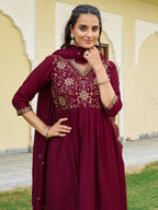 Emboidered Flared Kurta With Pant & Embroidered Dupatta, Maroon - Hiral Fashion - Distacart
