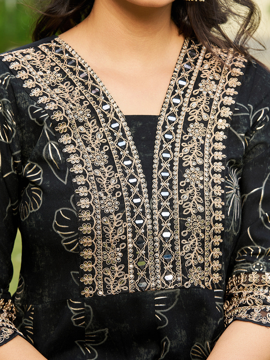 Mirror Embroidered Anarkali Kurta With Matching Pant & Embroidered Chiffon Dupatta, Black - Hiral Fashion - Distacart