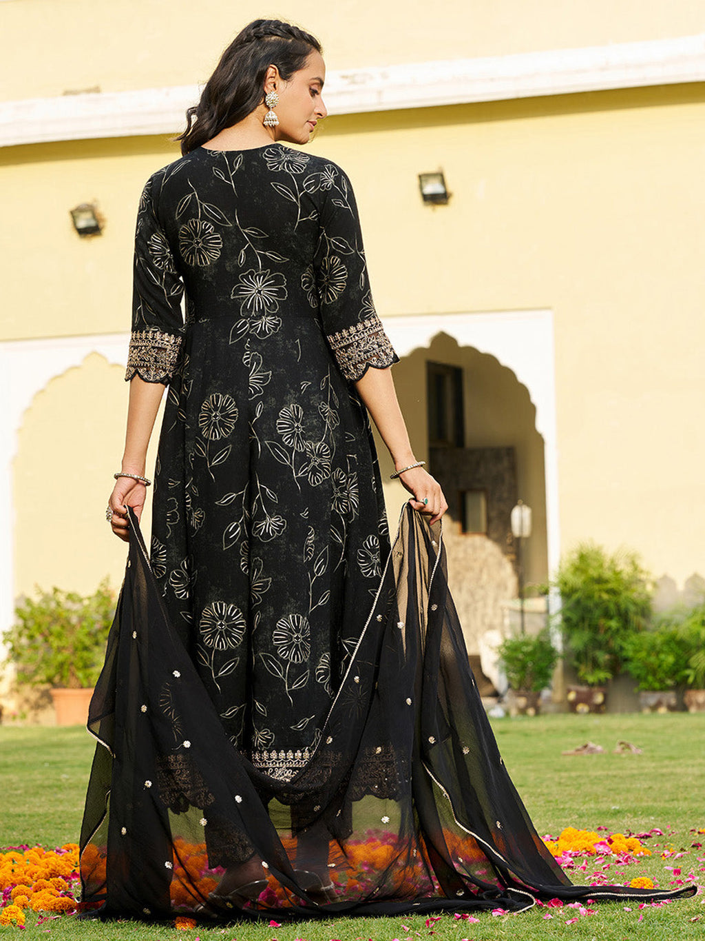 Mirror Embroidered Anarkali Kurta With Matching Pant & Embroidered Chiffon Dupatta, Black - Hiral Fashion - Distacart