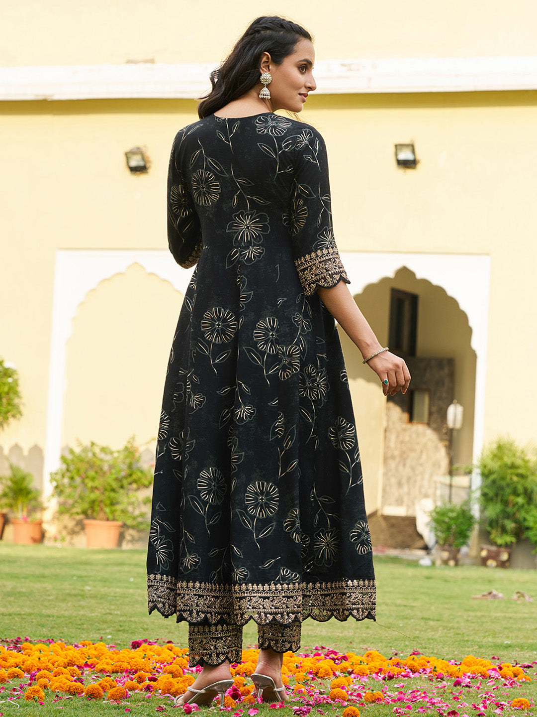 Mirror Embroidered Anarkali Kurta With Matching Pant & Embroidered Chiffon Dupatta, Black - Hiral Fashion - Distacart