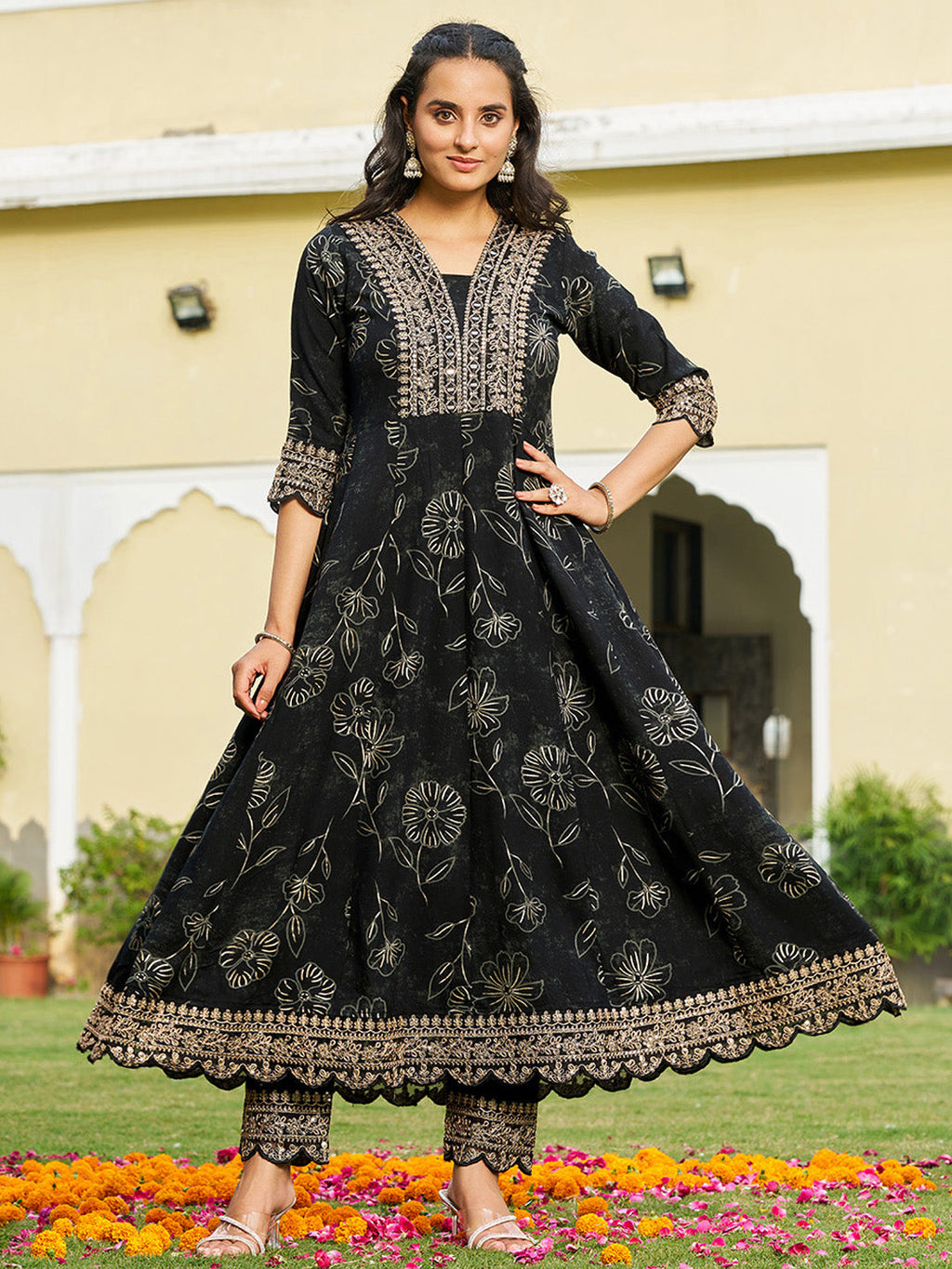 Mirror Embroidered Anarkali Kurta With Matching Pant & Embroidered Chiffon Dupatta, Black - Hiral Fashion - Distacart