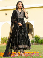 Mirror Embroidered Anarkali Kurta With Matching Pant & Embroidered Chiffon Dupatta, Black - Hiral Fashion - Distacart