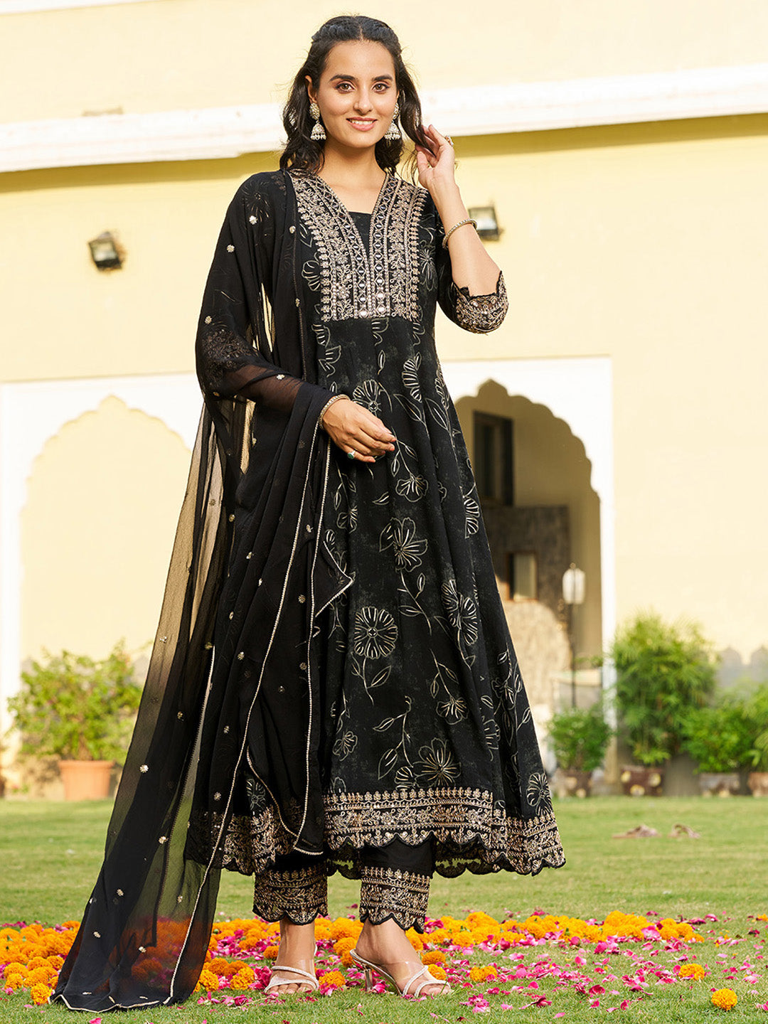 Mirror Embroidered Anarkali Kurta With Matching Pant & Embroidered Chiffon Dupatta, Black - Hiral Fashion - Distacart