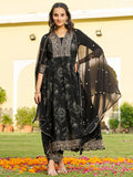 Mirror Embroidered Anarkali Kurta With Matching Pant & Embroidered Chiffon Dupatta, Black - Hiral Fashion - Distacart