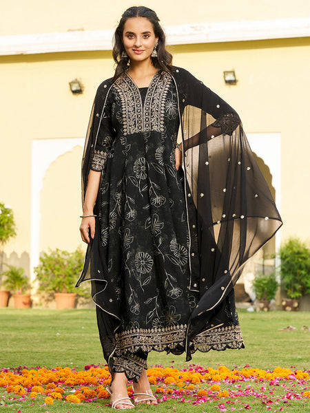 Mirror Embroidered Anarkali Kurta With Matching Pant & Embroidered Chiffon Dupatta, Black - Hiral Fashion