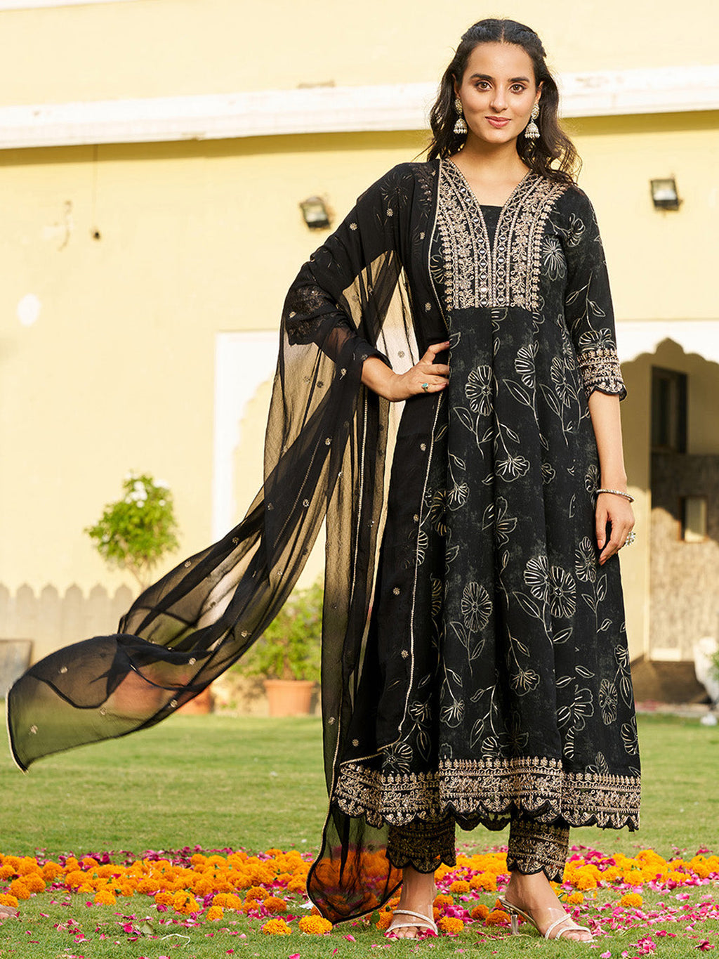 Mirror Embroidered Anarkali Kurta With Matching Pant & Embroidered Chiffon Dupatta, Black - Hiral Fashion - Distacart