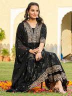 Mirror Embroidered Anarkali Kurta With Matching Pant & Embroidered Chiffon Dupatta, Black - Hiral Fashion - Distacart