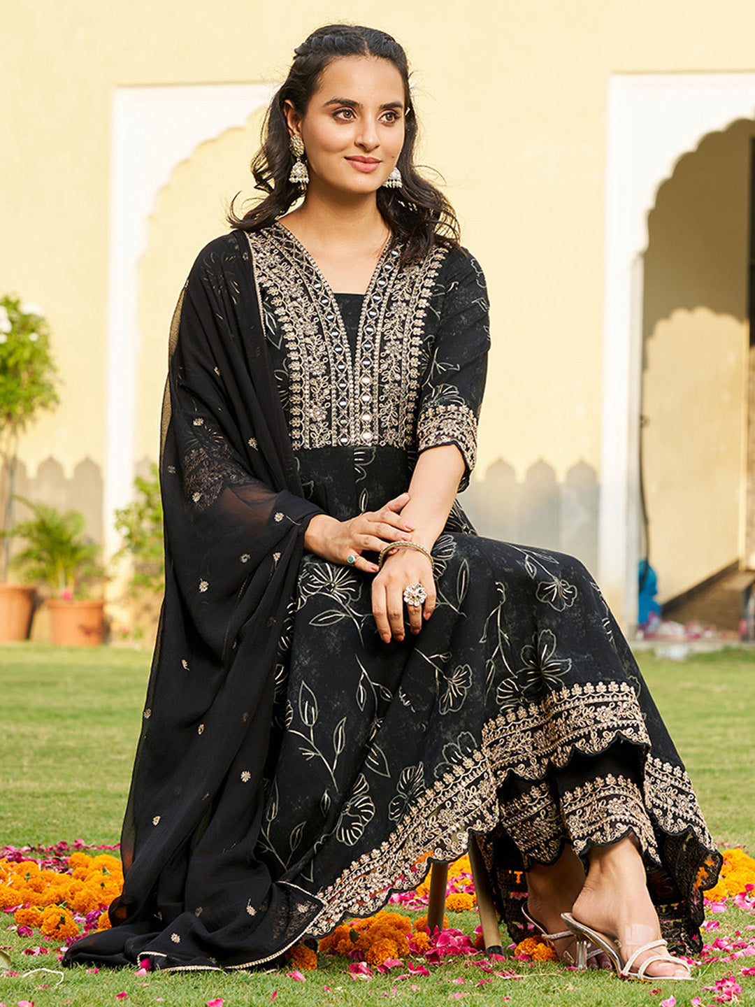 Mirror Embroidered Anarkali Kurta With Matching Pant & Embroidered Chiffon Dupatta, Black - Hiral Fashion - Distacart