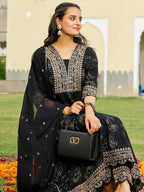 Mirror Embroidered Anarkali Kurta With Matching Pant & Embroidered Chiffon Dupatta, Black - Hiral Fashion - Distacart