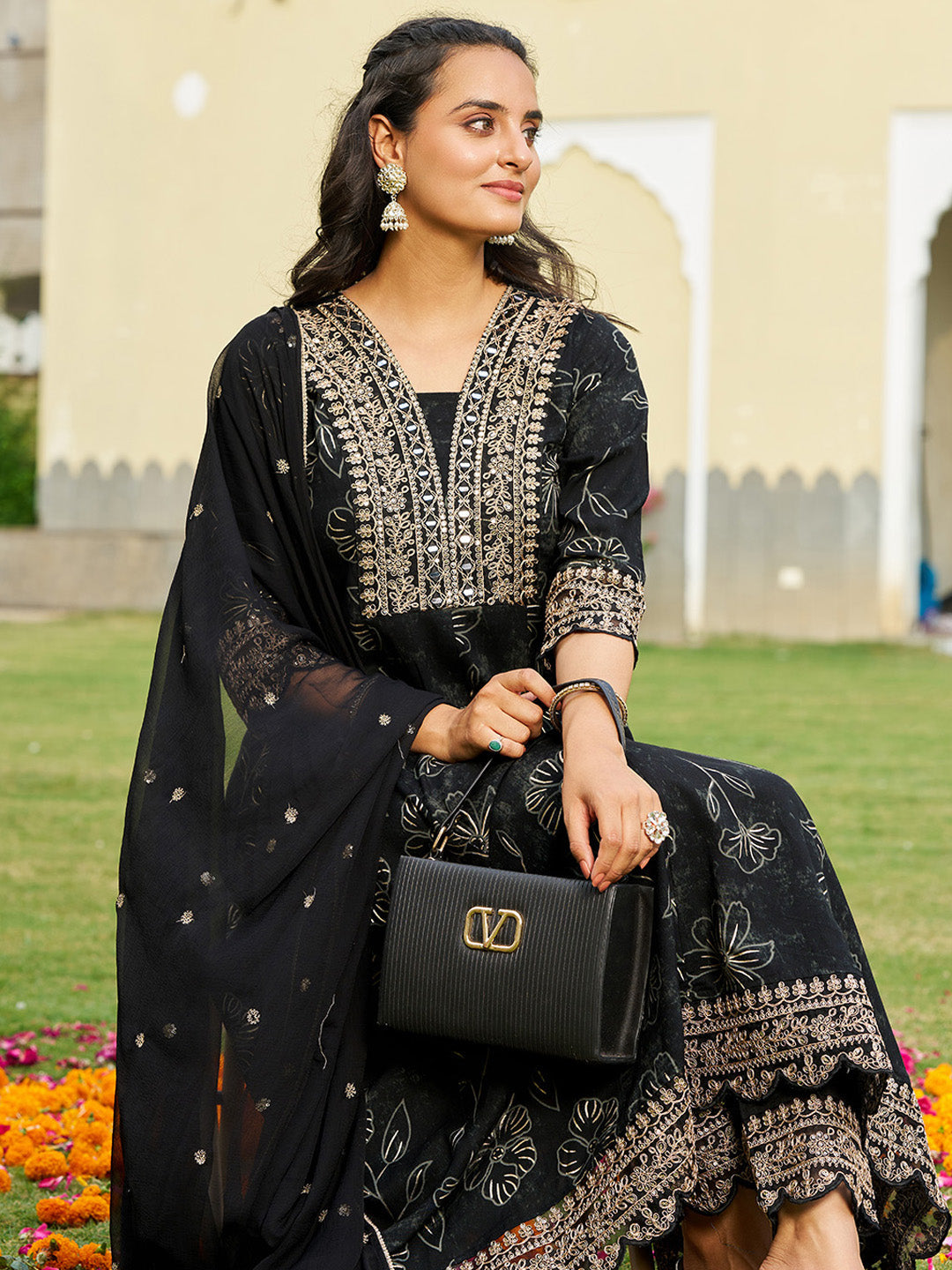 Mirror Embroidered Anarkali Kurta With Matching Pant & Embroidered Chiffon Dupatta, Black - Hiral Fashion - Distacart