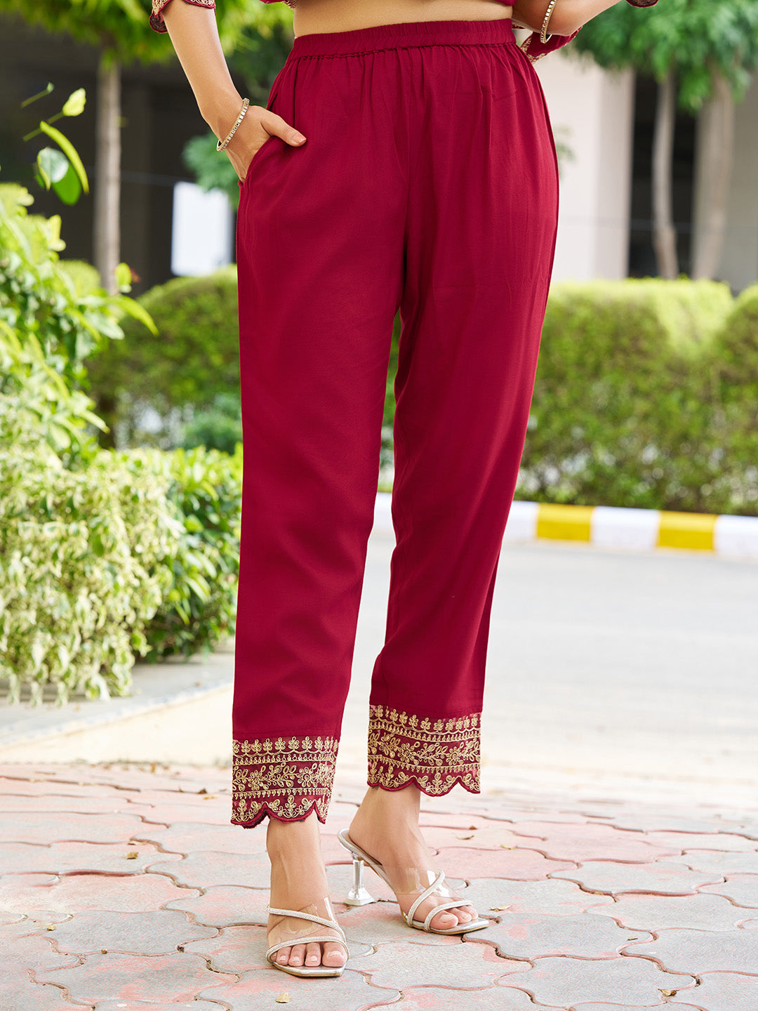 Mirror Embroidered Anarkali Kurta With Matching Pant & Embroidered Chiffon Dupatta, Maroon - Hiral Fashion - Distacart