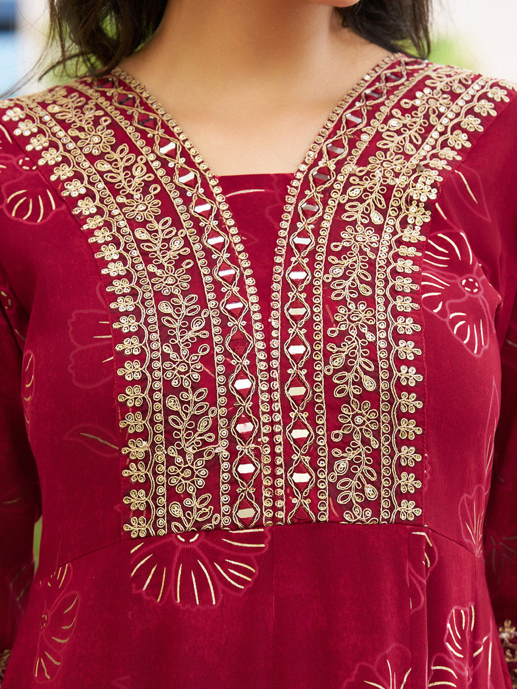 Mirror Embroidered Anarkali Kurta With Matching Pant & Embroidered Chiffon Dupatta, Maroon - Hiral Fashion - Distacart