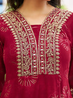 Mirror Embroidered Anarkali Kurta With Matching Pant & Embroidered Chiffon Dupatta, Maroon - Hiral Fashion - Distacart