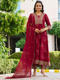 Mirror Embroidered Anarkali Kurta With Matching Pant & Embroidered Chiffon Dupatta, Maroon - Hiral Fashion - Distacart