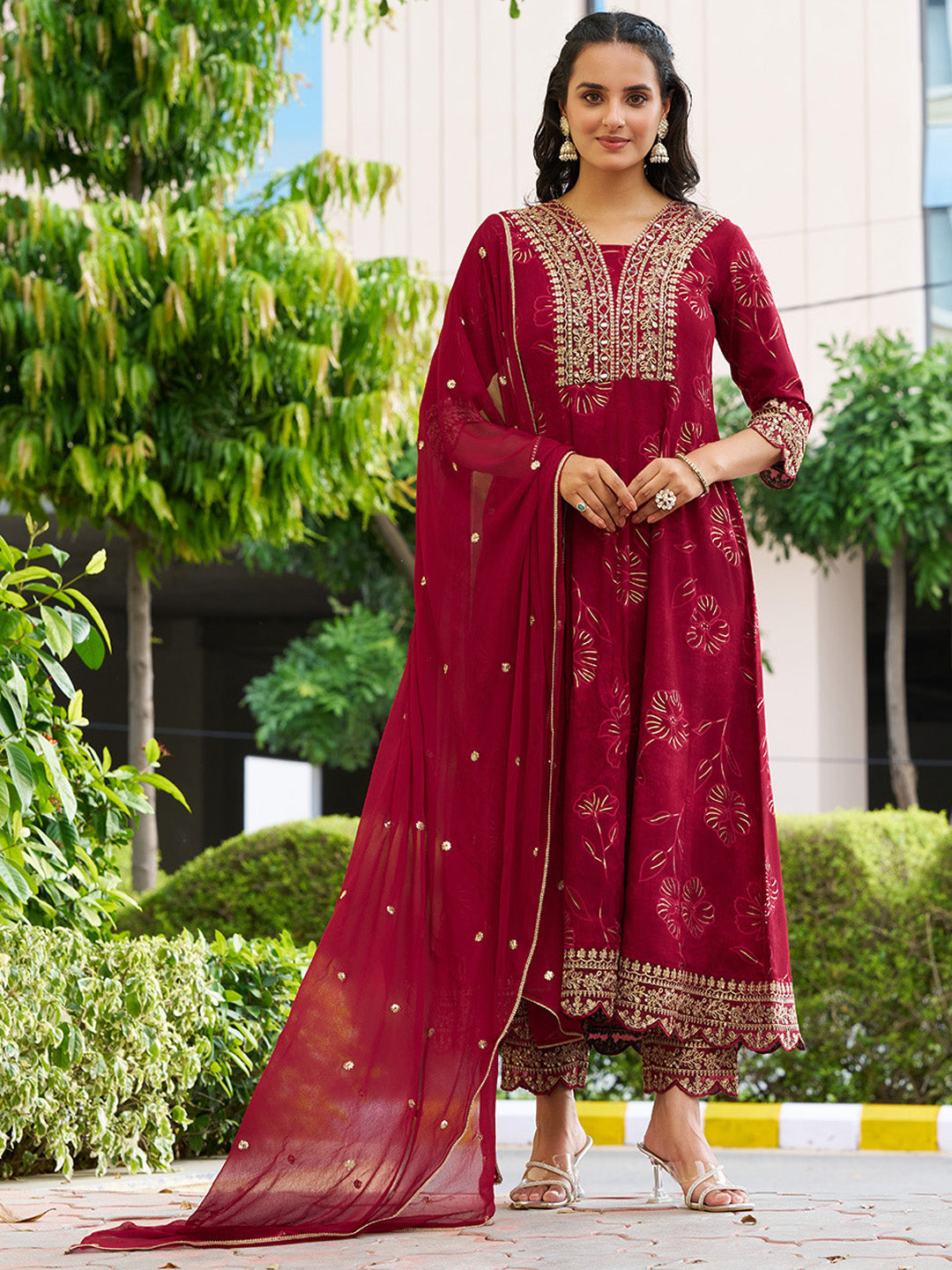 Mirror Embroidered Anarkali Kurta With Matching Pant & Embroidered Chiffon Dupatta, Maroon - Hiral Fashion - Distacart