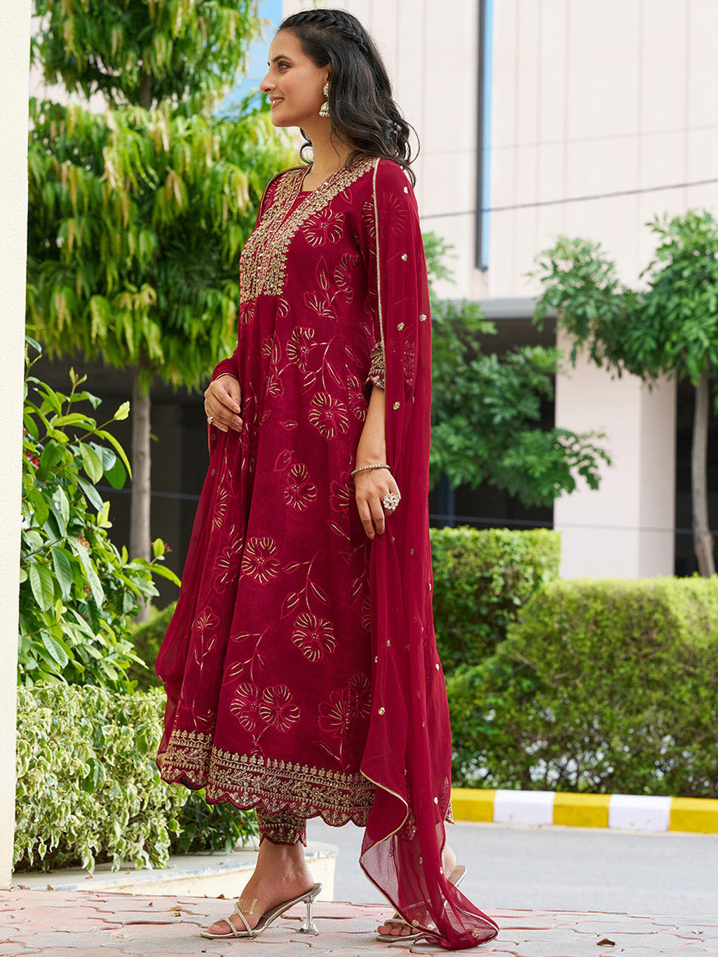 Mirror Embroidered Anarkali Kurta With Matching Pant & Embroidered Chiffon Dupatta, Maroon - Hiral Fashion - Distacart
