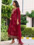 Mirror Embroidered Anarkali Kurta With Matching Pant & Embroidered Chiffon Dupatta, Maroon - Hiral Fashion - Distacart