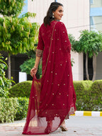 Mirror Embroidered Anarkali Kurta With Matching Pant & Embroidered Chiffon Dupatta, Maroon - Hiral Fashion - Distacart