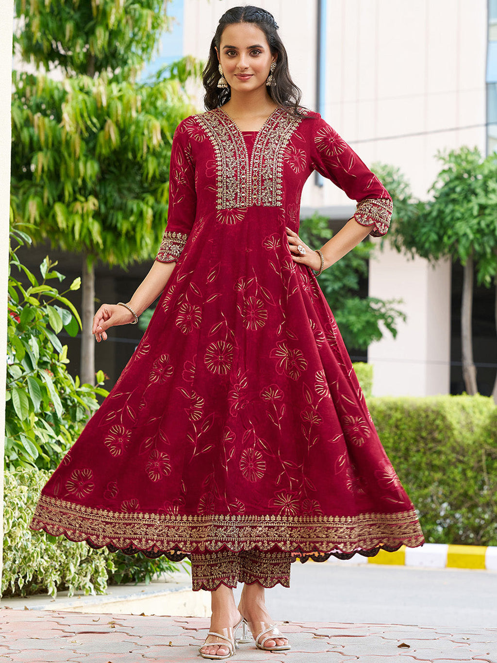 Mirror Embroidered Anarkali Kurta With Matching Pant & Embroidered Chiffon Dupatta, Maroon - Hiral Fashion - Distacart