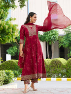 Mirror Embroidered Anarkali Kurta With Matching Pant & Embroidered Chiffon Dupatta, Maroon - Hiral Fashion - Distacart