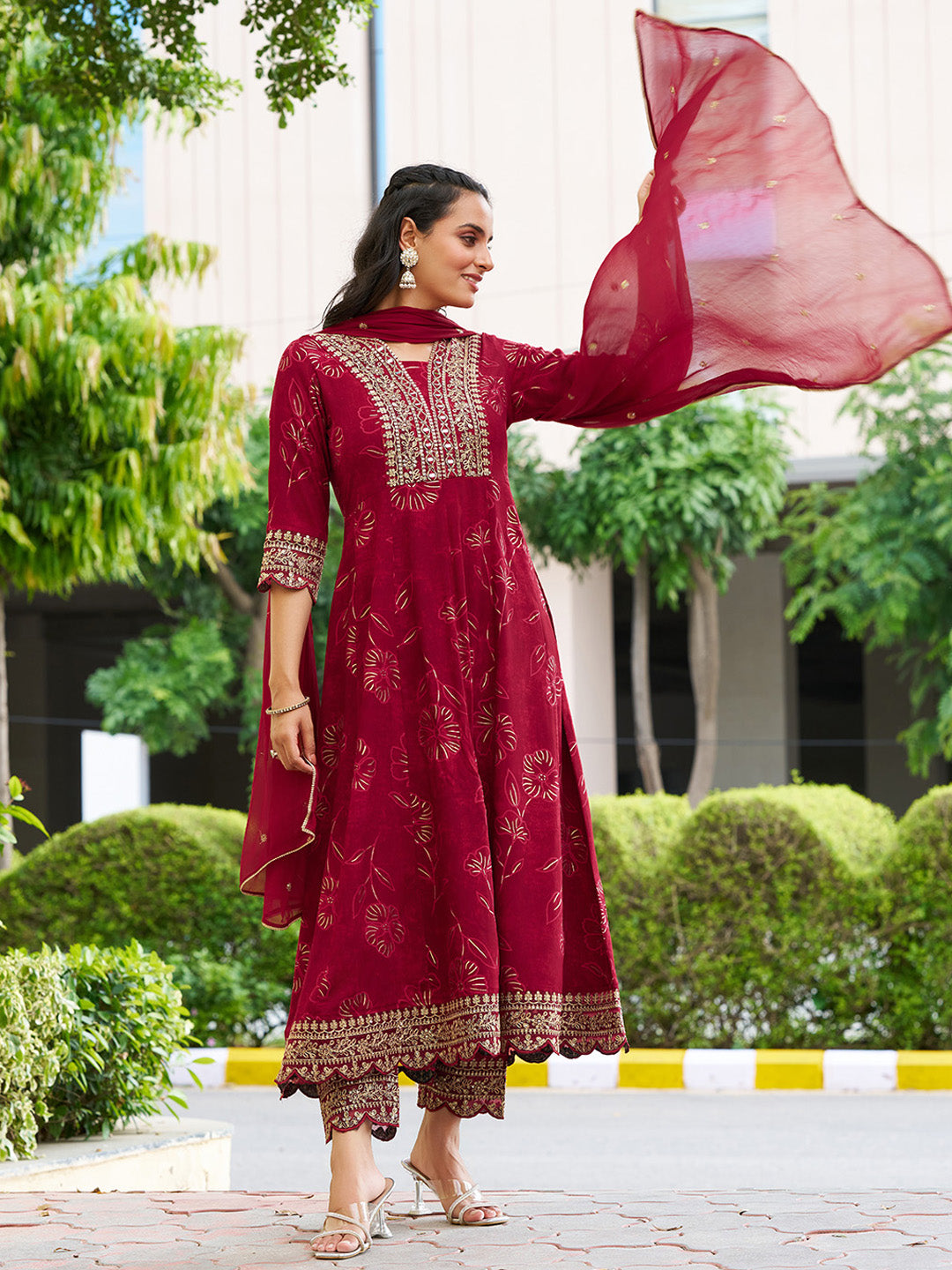 Mirror Embroidered Anarkali Kurta With Matching Pant & Embroidered Chiffon Dupatta, Maroon - Hiral Fashion - Distacart